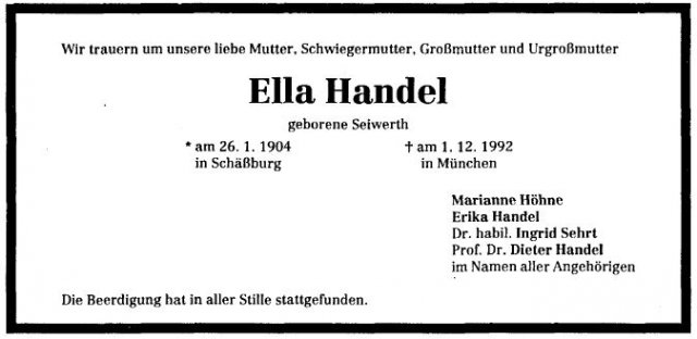 Seiwerth Ella 1904-1992 Todesanzeige